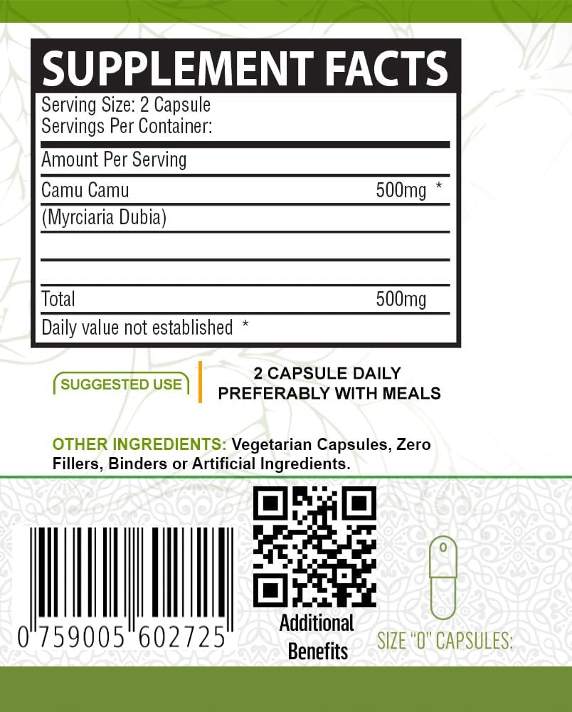 Organic 500mg Camu Camu Capsules - High in Vitamin C and Nutrients (90 Count)