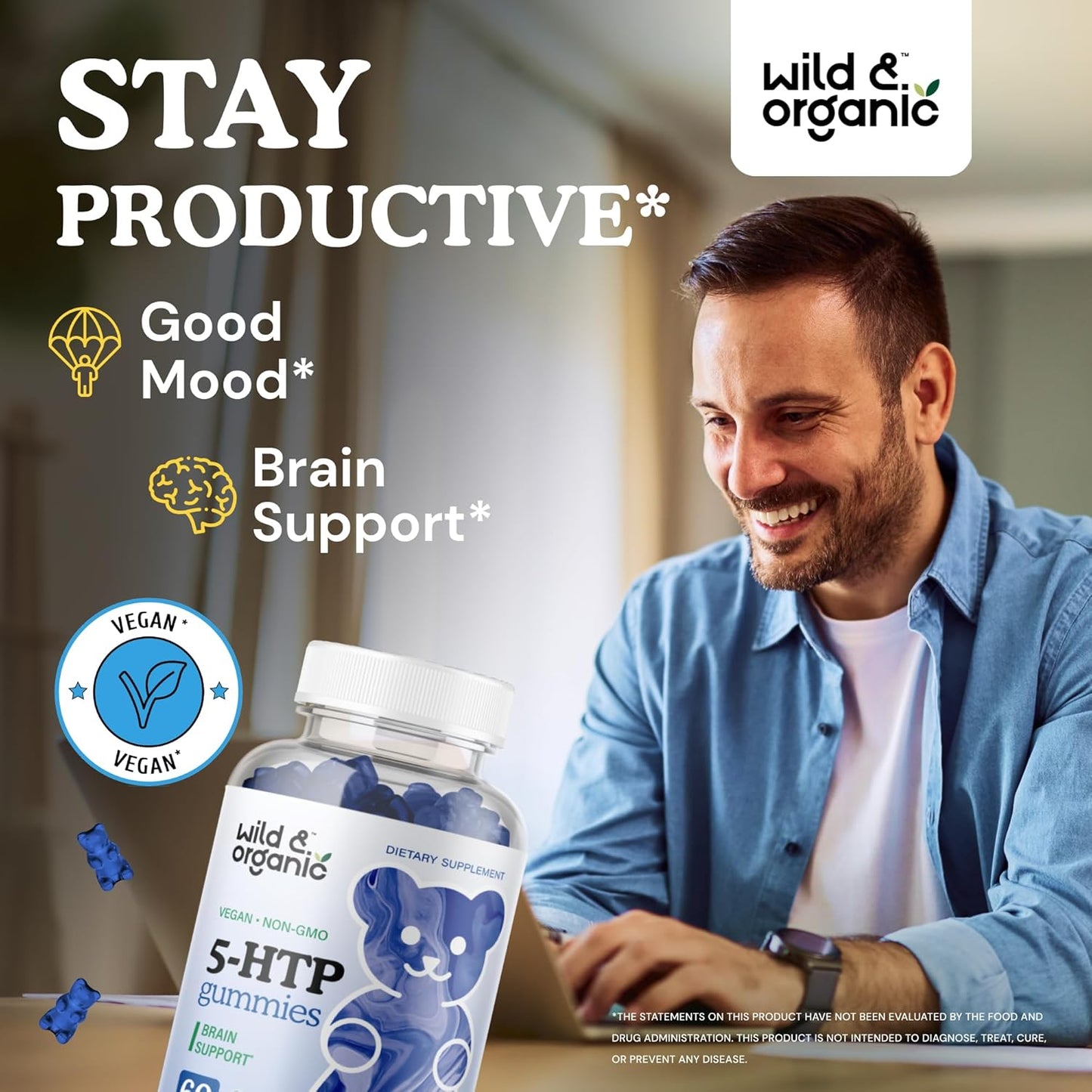 Organic 5HTP and L-Tyrosine Gummies - 60 Count, Wildcrafted Formula