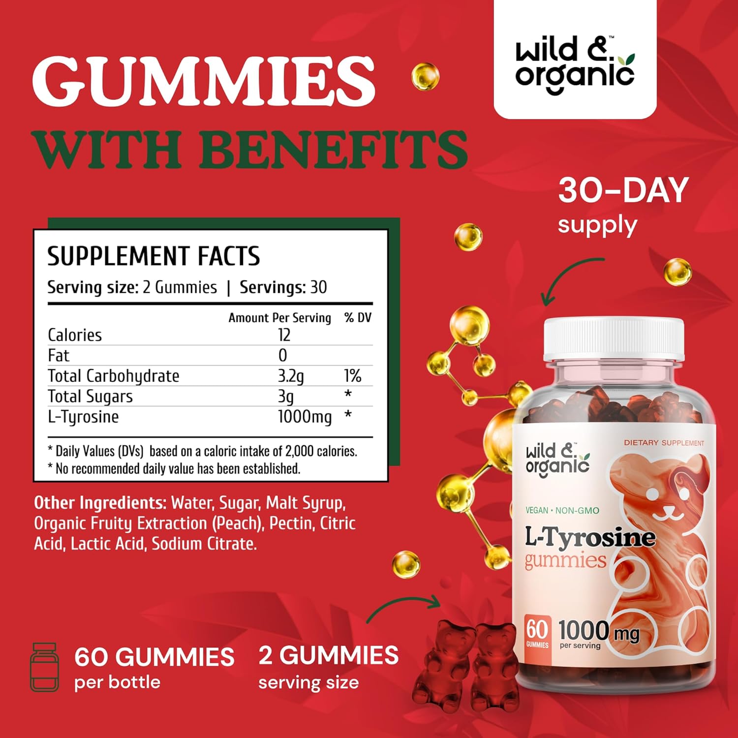 Organic 5HTP and L-Tyrosine Gummies - 60 Count, Wildcrafted Formula