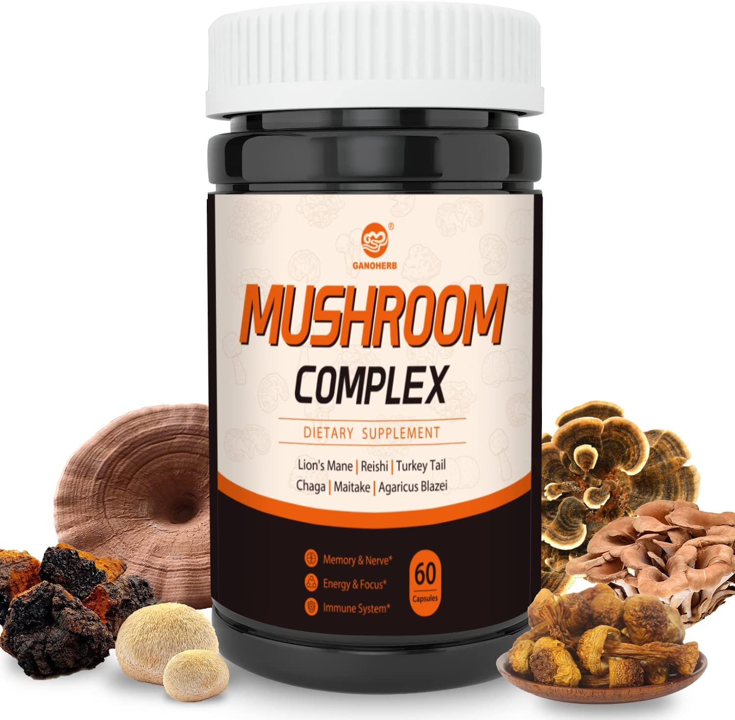 Organic 6-in-1 Mushroom Complex Supplement - 800mg Extract with Lions Mane, Reishi, Turkey Tail, Chaga, Maitake, Agaricus Blazei - 60 Capsules