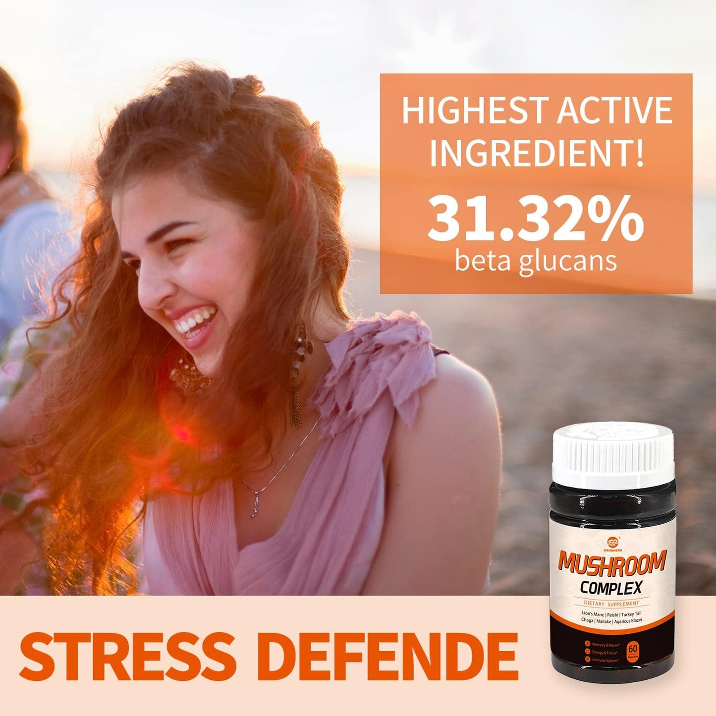 Organic 6-in-1 Mushroom Complex Supplement - 800mg Extract with Lions Mane, Reishi, Turkey Tail, Chaga, Maitake, Agaricus Blazei - 60 Capsules