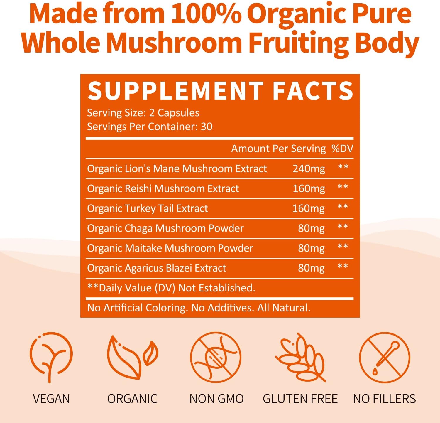 Organic 6-in-1 Mushroom Complex Supplement - 800mg Extract with Lions Mane, Reishi, Turkey Tail, Chaga, Maitake, Agaricus Blazei - 60 Capsules