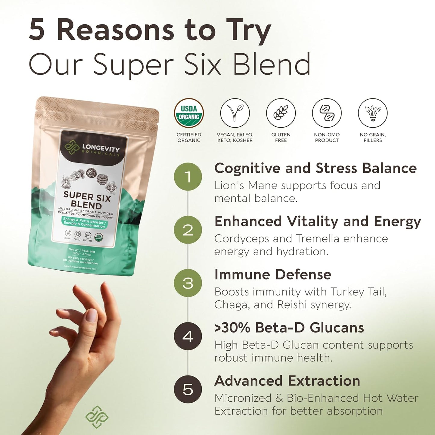 Organic 6 Mushroom Supplement Powder with Lions Mane, Reishi, Turkey Tail, Cordyceps, Tremella and Chaga - 100% Fruiting Body - 3.5 oz
