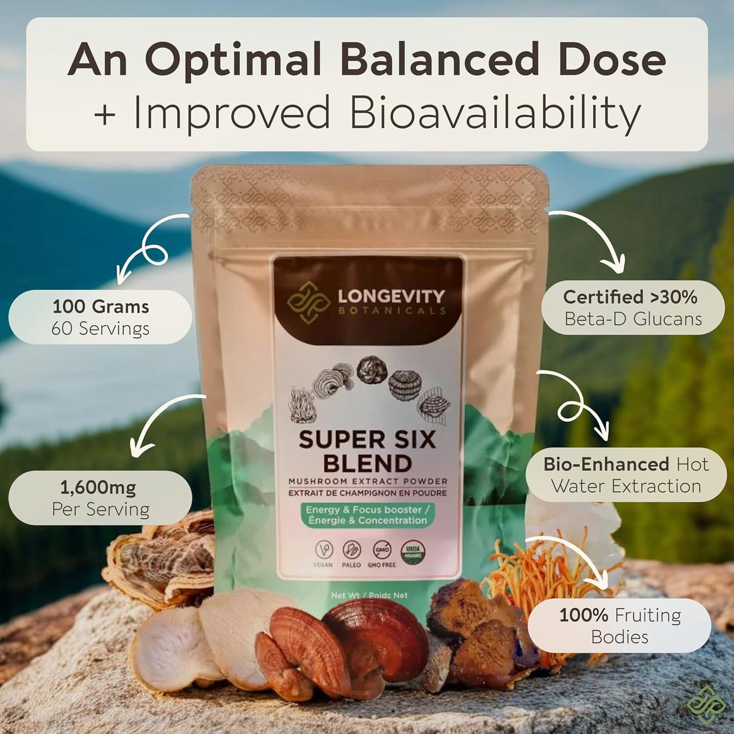 Organic 6 Mushroom Supplement Powder with Lions Mane, Reishi, Turkey Tail, Cordyceps, Tremella and Chaga - 100% Fruiting Body - 3.5 oz