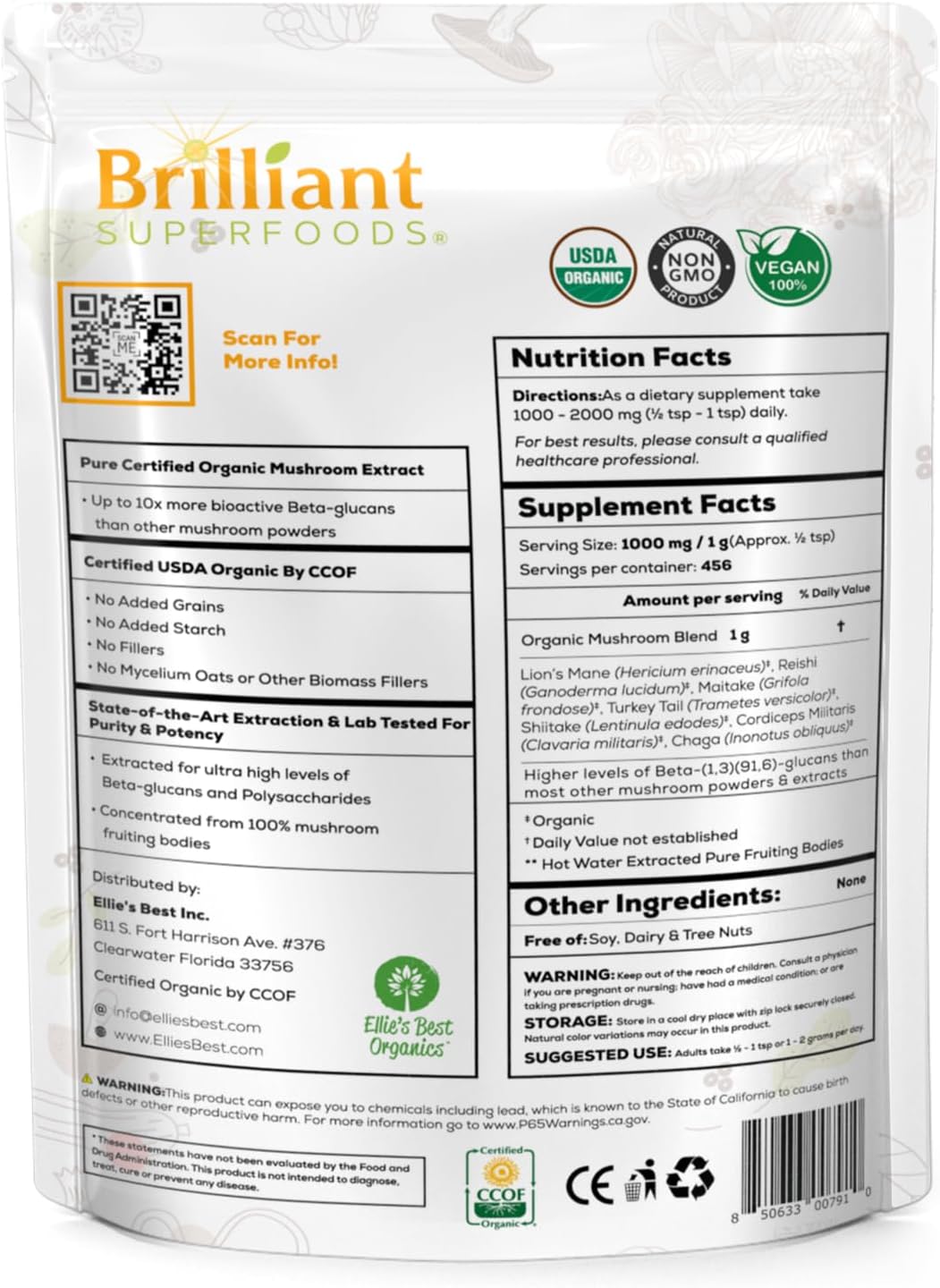 Organic 7 Mushroom Powder Extract Blend Supplement by Ellie's Best - Reishi, Lion's Mane, Chaga, Turkey Tail, Cordyceps, Maitake & Shiitake - Double Extracted - 16oz / 456 Servings