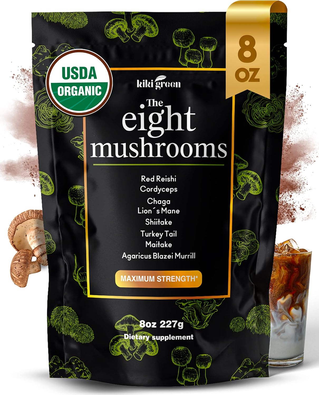Organic 8 Mushroom Powder Blend - Lion's Mane, Reishi, Chaga, Cordyceps - 8 oz Supplement for Focus and Energy - Add to Coffee and Smoothies