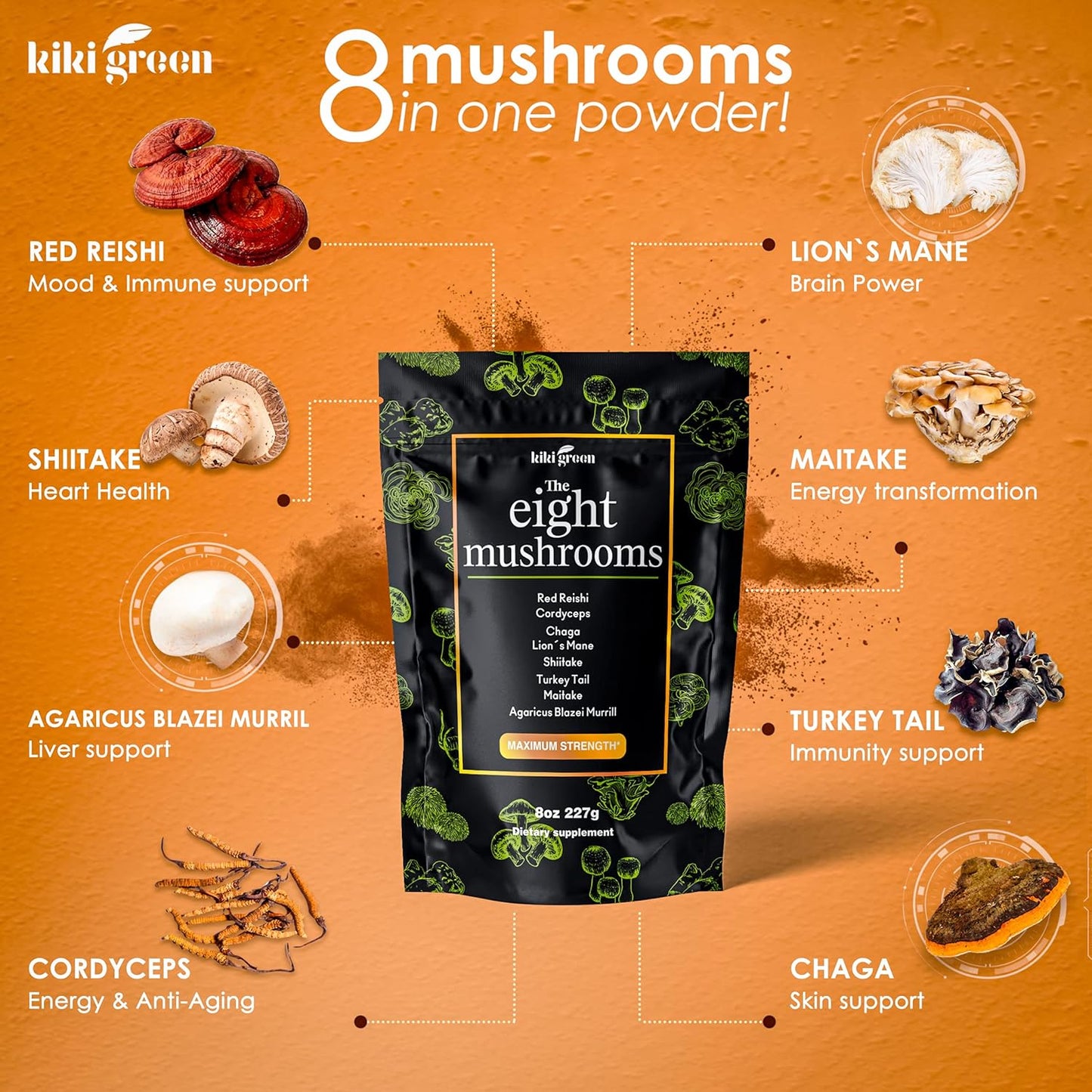 Organic 8 Mushroom Powder Blend - Lion's Mane, Reishi, Chaga, Cordyceps - 8 oz Supplement for Focus and Energy - Add to Coffee and Smoothies