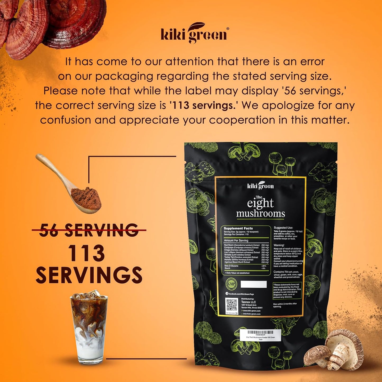 Organic 8 Mushroom Powder Blend - Lion's Mane, Reishi, Chaga, Cordyceps - 8 oz Supplement for Focus and Energy - Add to Coffee and Smoothies