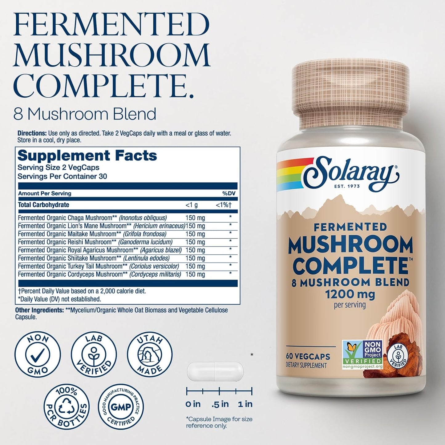 Organic 8 Mushroom Supplement Capsules - Fermented Chaga, Reishi, Shiitake, Cordyceps, Turkey Tail, Lions Mane - Non-GMO, 30 Servings