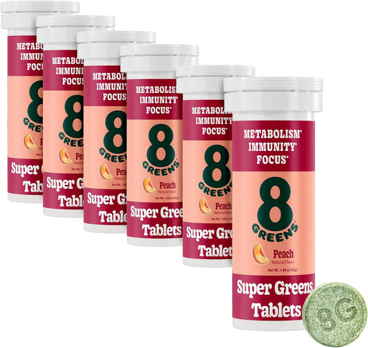 Organic 8Greens Supergreens Tablets: Daily Super Greens Powder for Metabolism, Immunity, and Focus - Aloe Vera, Spirulina, Chlorella, Peach - 60 Servings