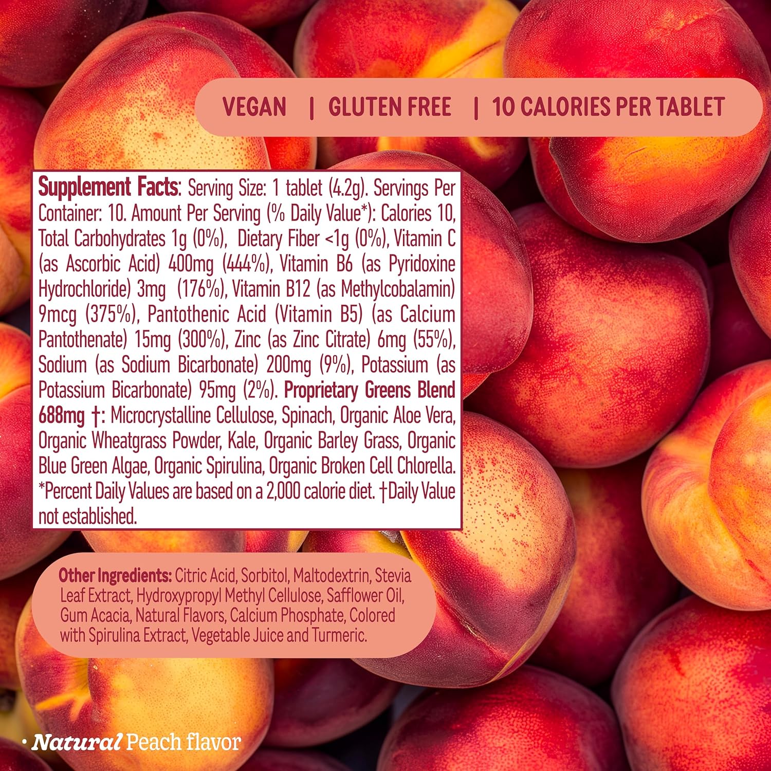 Organic 8Greens Supergreens Tablets: Daily Super Greens Powder for Metabolism, Immunity, and Focus - Aloe Vera, Spirulina, Chlorella, Peach - 60 Servings