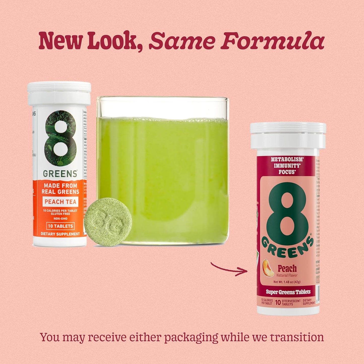 Organic 8Greens Supergreens Tablets: Daily Super Greens Powder for Metabolism, Immunity, and Focus - Aloe Vera, Spirulina, Chlorella, Peach - 60 Servings