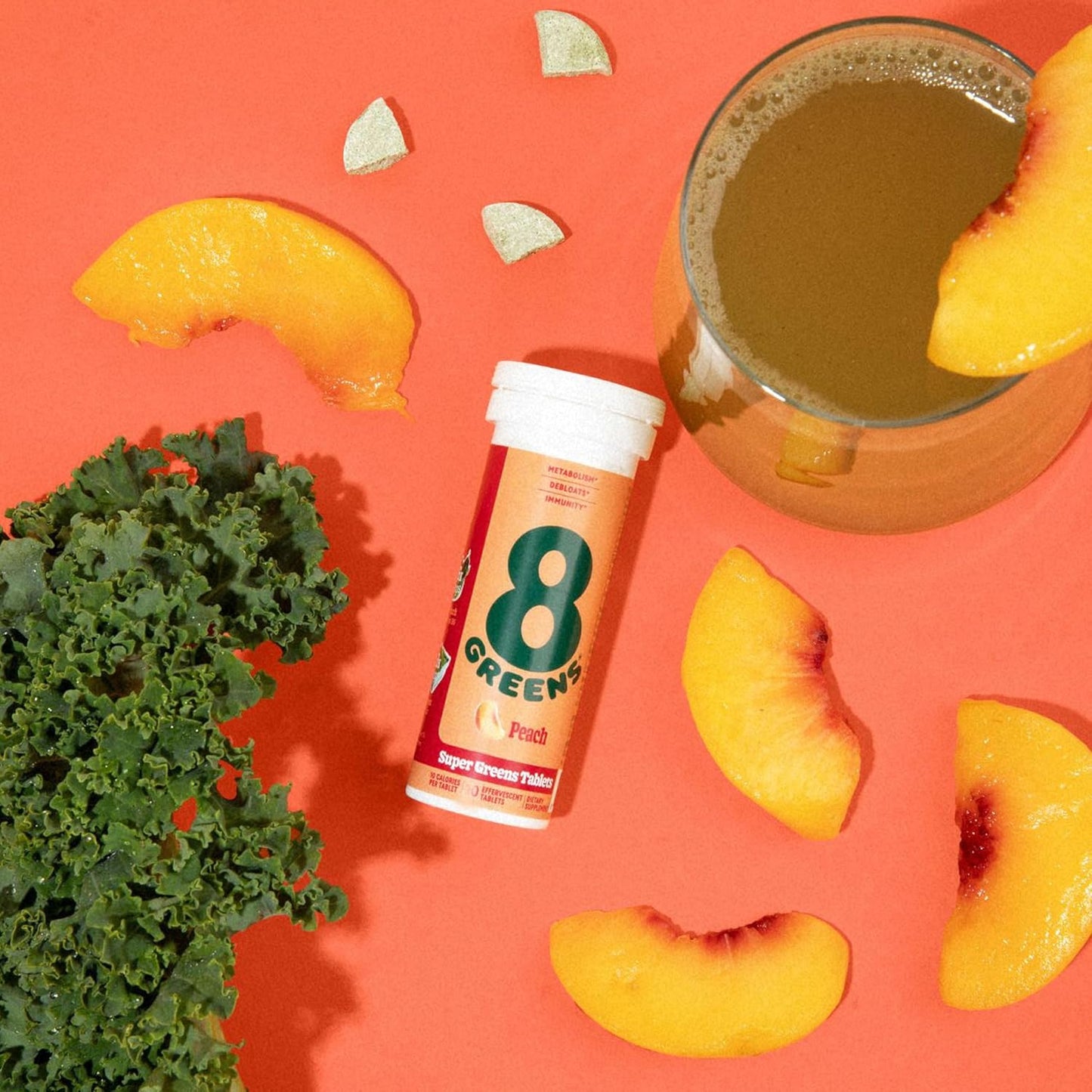 Organic 8Greens Supergreens Tablets: Daily Super Greens Powder for Metabolism, Immunity, and Focus - Aloe Vera, Spirulina, Chlorella, Peach - 60 Servings