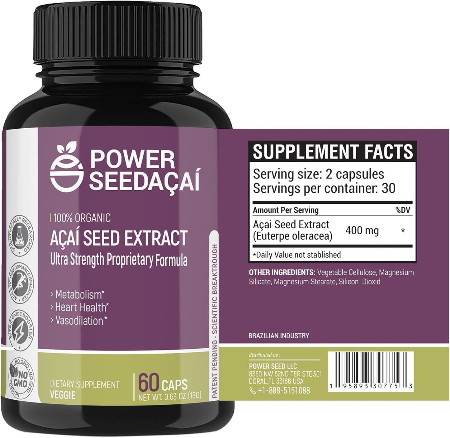 Organic Acai Seed Extract Supplement for Improved Blood Flow and Circulation- Patented Nitric Oxide Formula- 60 Capsules- High Antioxidant Content