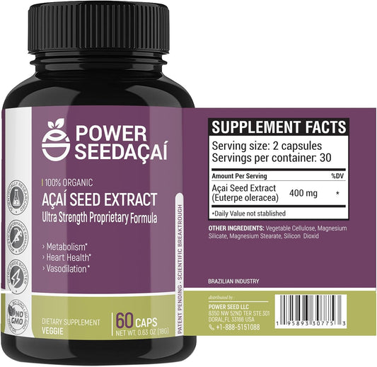 Organic Acai Seed Extract Supplement for Improved Blood Flow and Circulation- Patented Nitric Oxide Formula- 60 Capsules- High Antioxidant Content