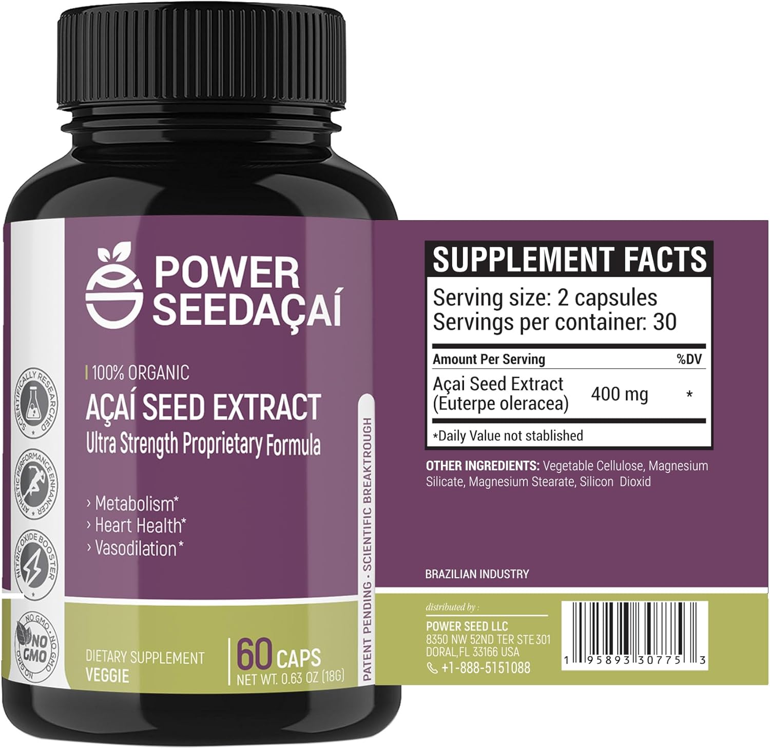 Organic Acai Seed Extract Supplement for Improved Blood Flow and Circulation- Patented Nitric Oxide Formula- 60 Capsules- High Antioxidant Content