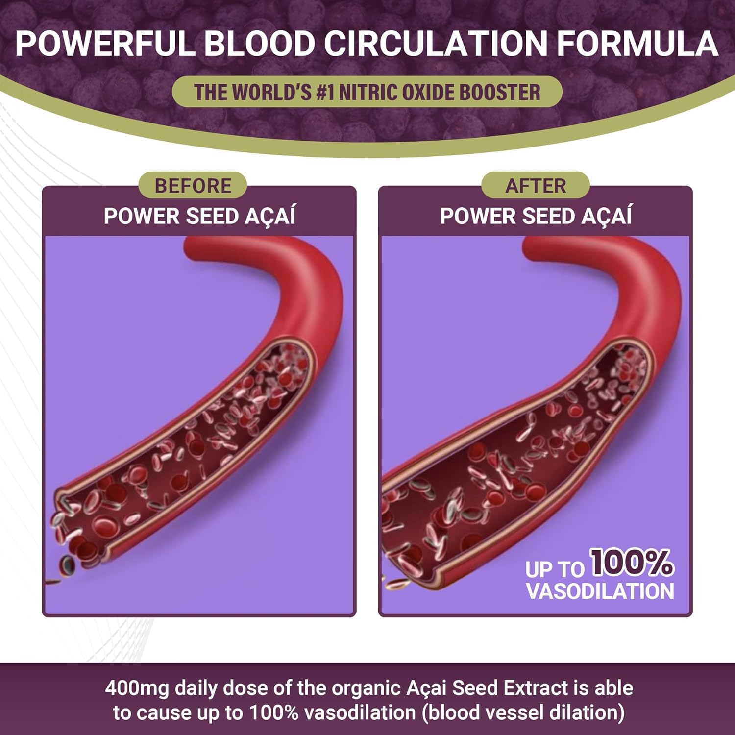 Organic Acai Seed Extract Supplement for Improved Blood Flow and Circulation- Patented Nitric Oxide Formula- 60 Capsules- High Antioxidant Content
