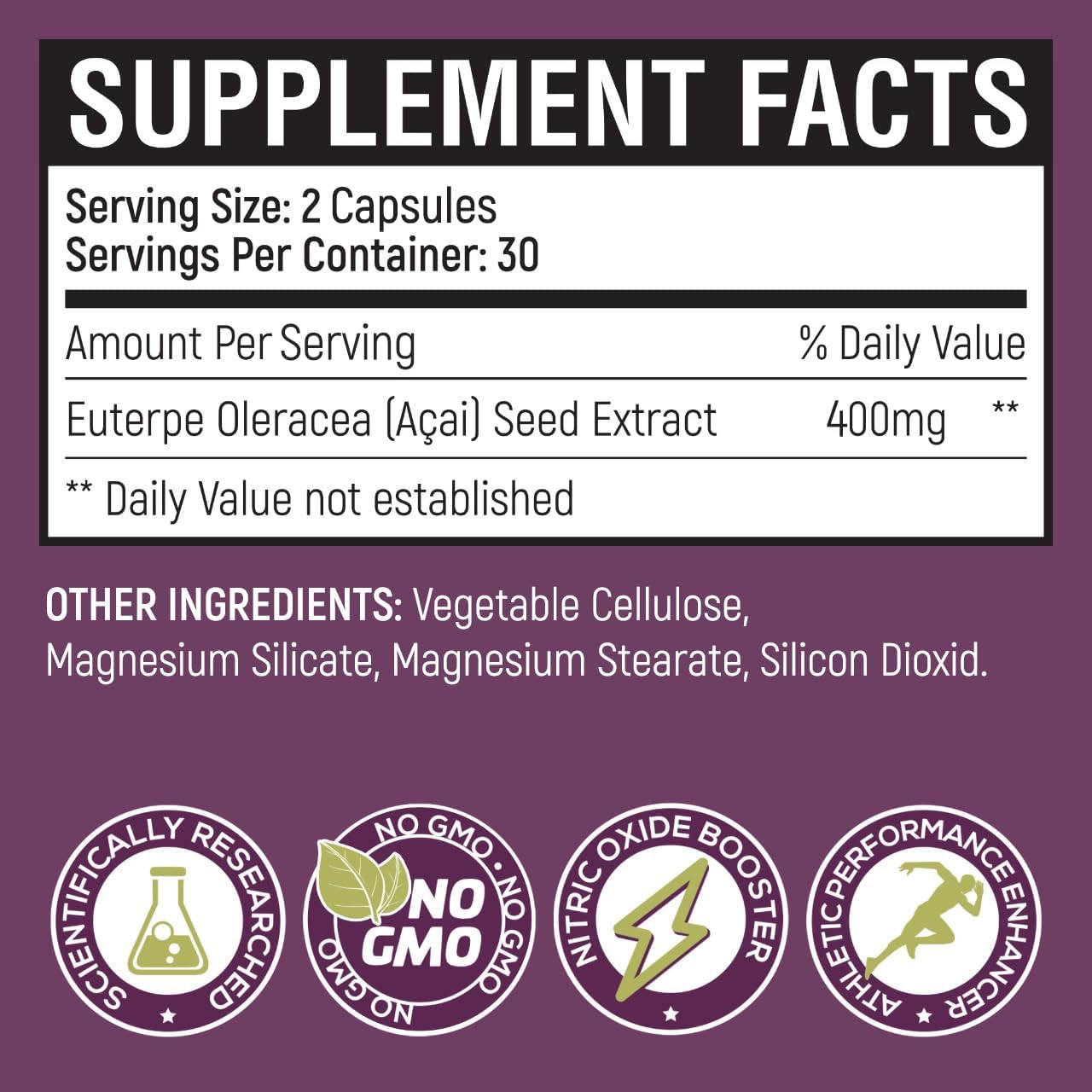 Organic Acai Seed Extract Supplement for Improved Blood Flow and Circulation- Patented Nitric Oxide Formula- 60 Capsules- High Antioxidant Content