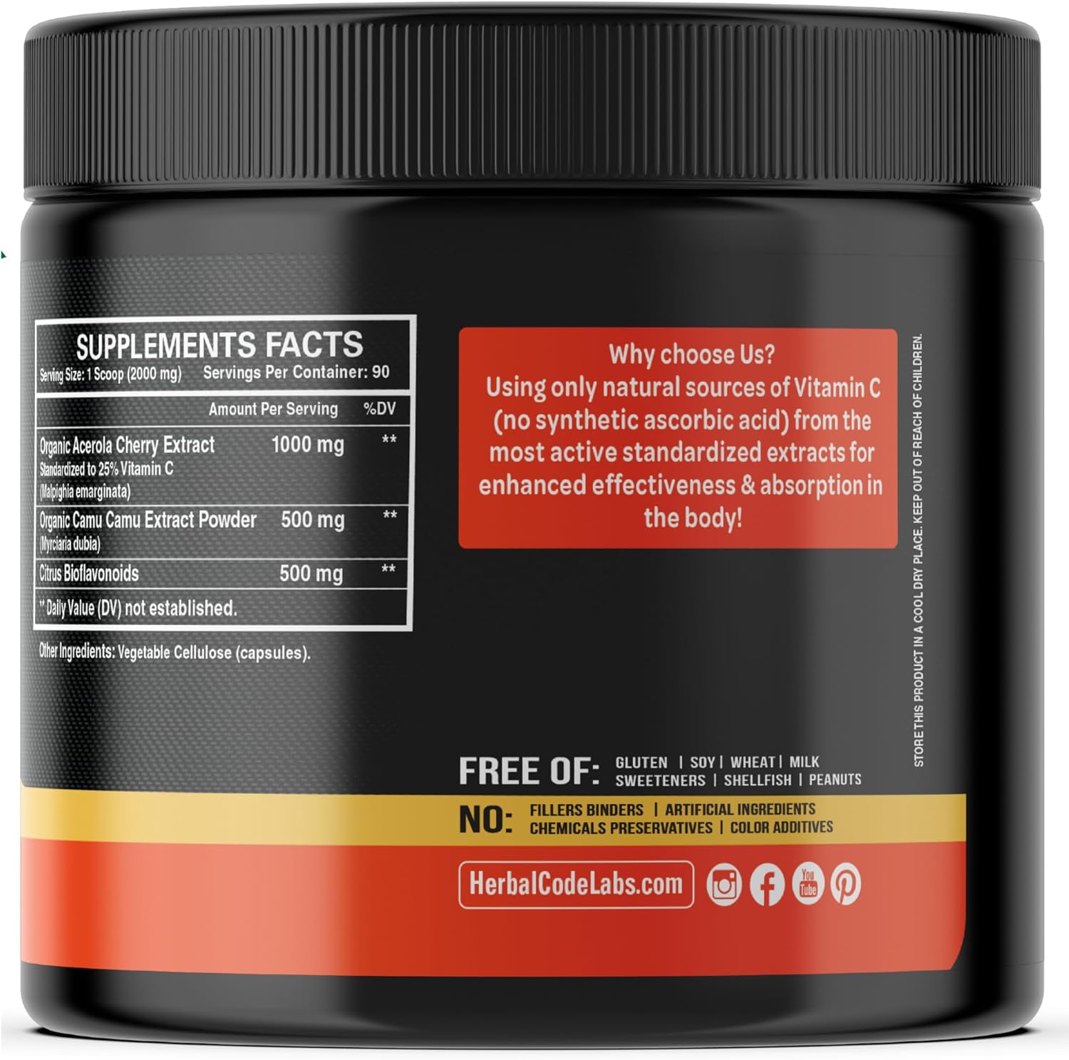 Organic Acerola Cherry & Camu Camu Powder Vitamin C with Citrus Bioflavonoids - Immune & Collagen Support - Anti Aging Skin - Made in USA - 90 Servings