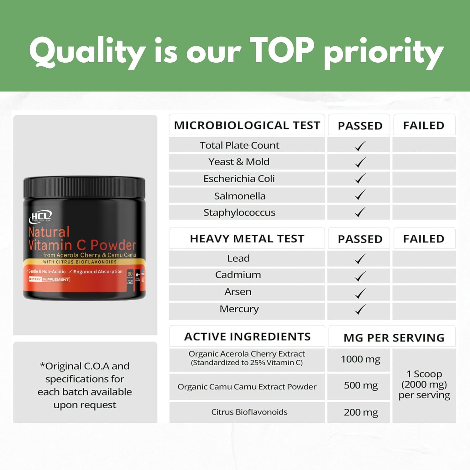 Organic Acerola Cherry & Camu Camu Powder Vitamin C with Citrus Bioflavonoids - Immune & Collagen Support - Anti Aging Skin - Made in USA - 90 Servings