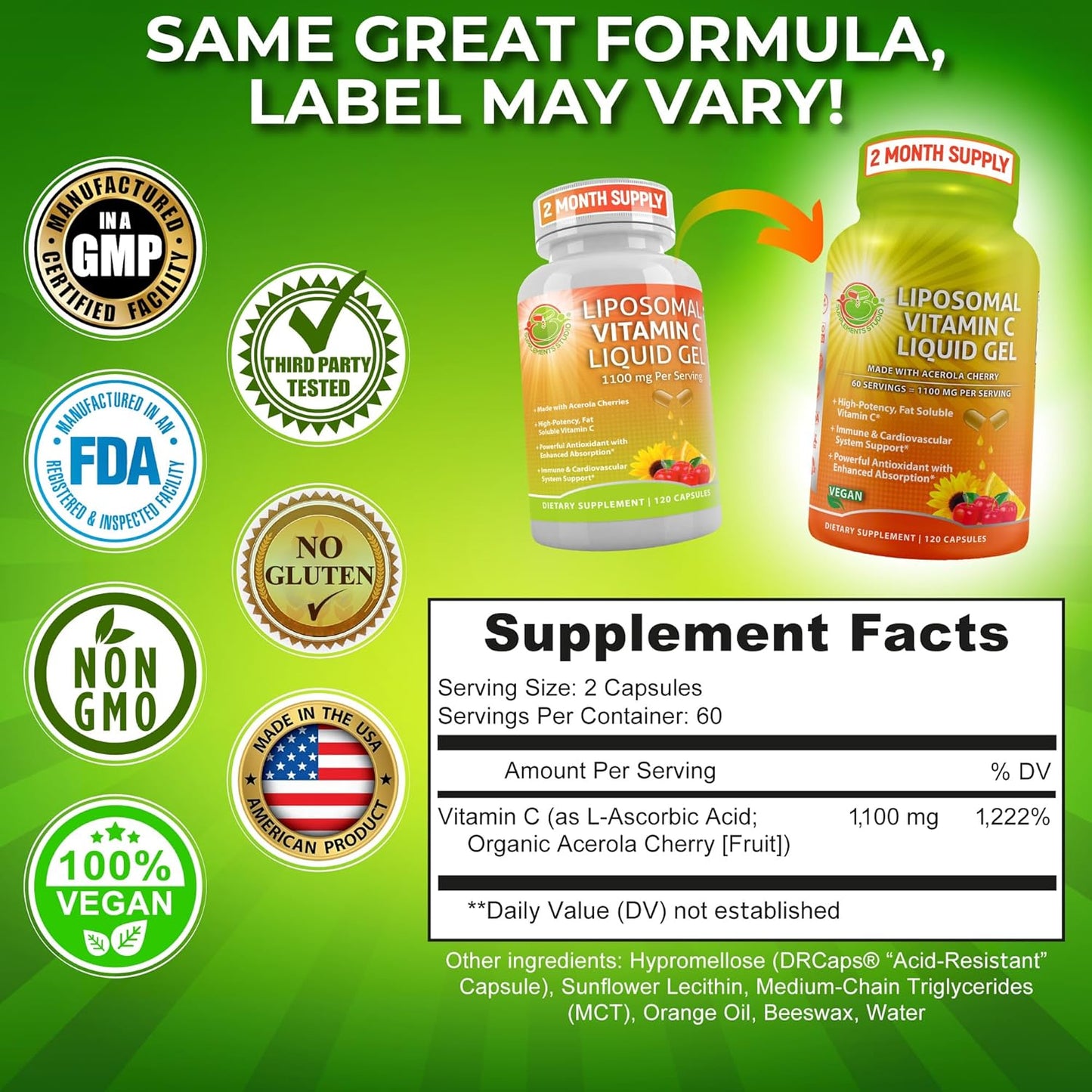Organic Acerola Cherry Liposomal Vitamin C Capsules - 1100mg - Immune Support Supplement with Enhanced Absorption - 120 Count