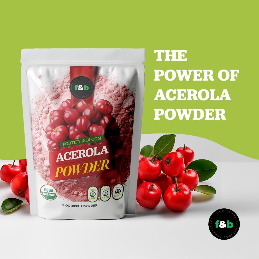 Organic Acerola Cherry Powder: Immune System Booster (8oz) - Freeze Dried Vitamin C Supplement from Brazil