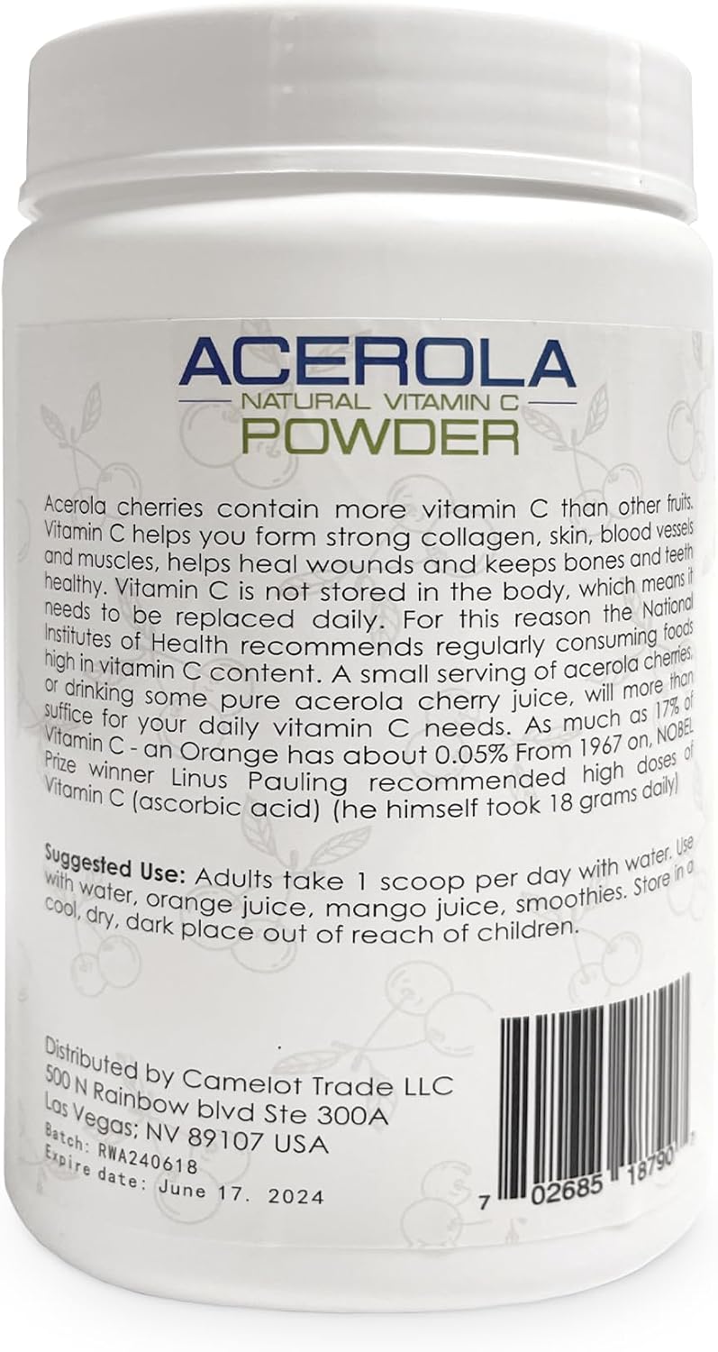 Organic Acerola Cherry Vitamin C Powder 1 Lb - Immune System Booster - Non-GMO Nobel Prize Winner Formula