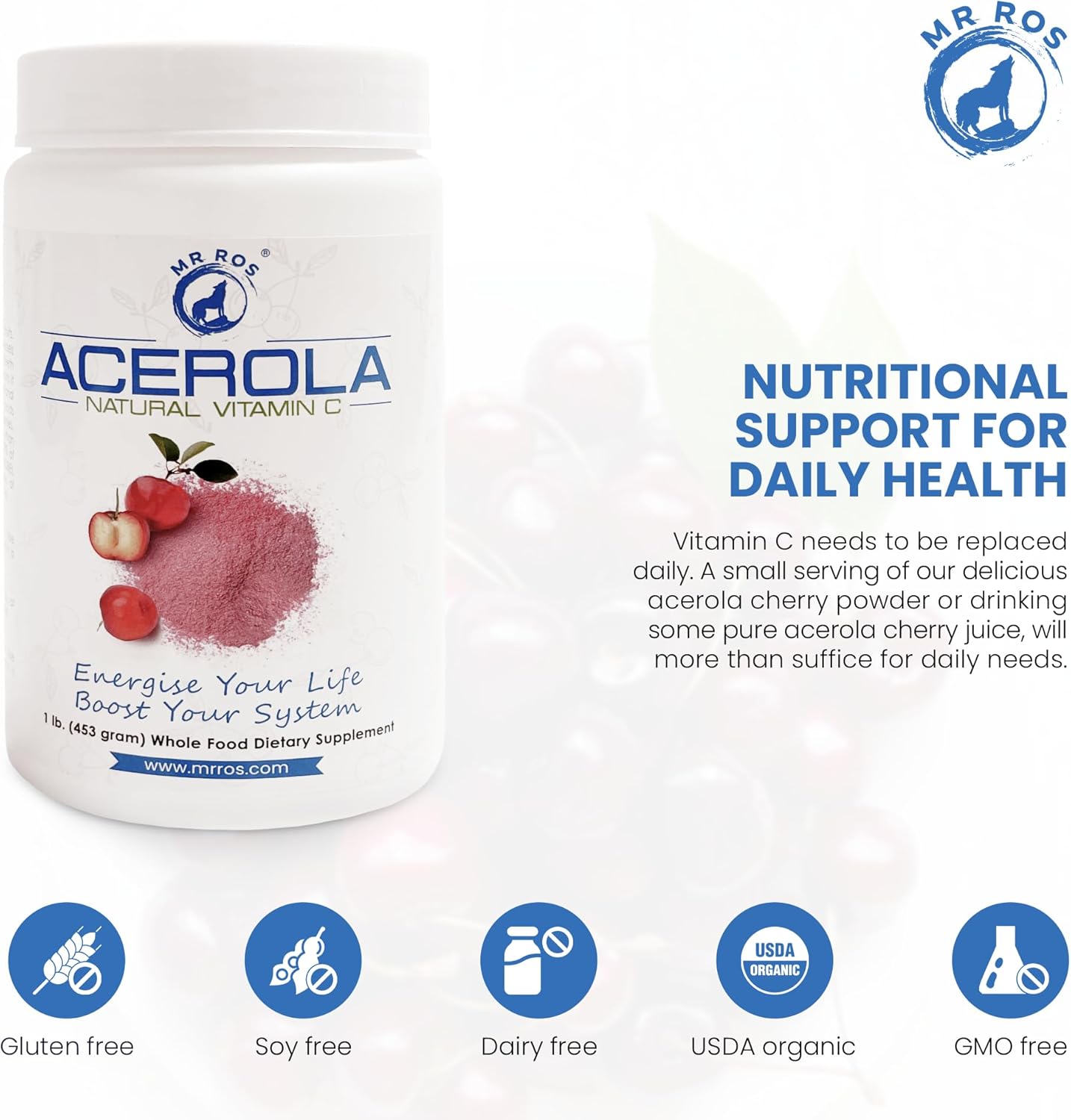 Organic Acerola Cherry Vitamin C Powder 1 Lb - Immune System Booster - Non-GMO Nobel Prize Winner Formula
