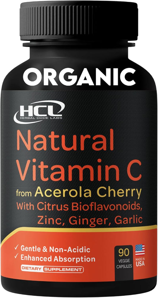 Organic Acerola Cherry Vitamin C Supplement with Garlic, Ginger, and Citrus Bioflavonoids - Immune System Support and Collagen Boost - Anti Aging Skin Vitamins for High Absorption