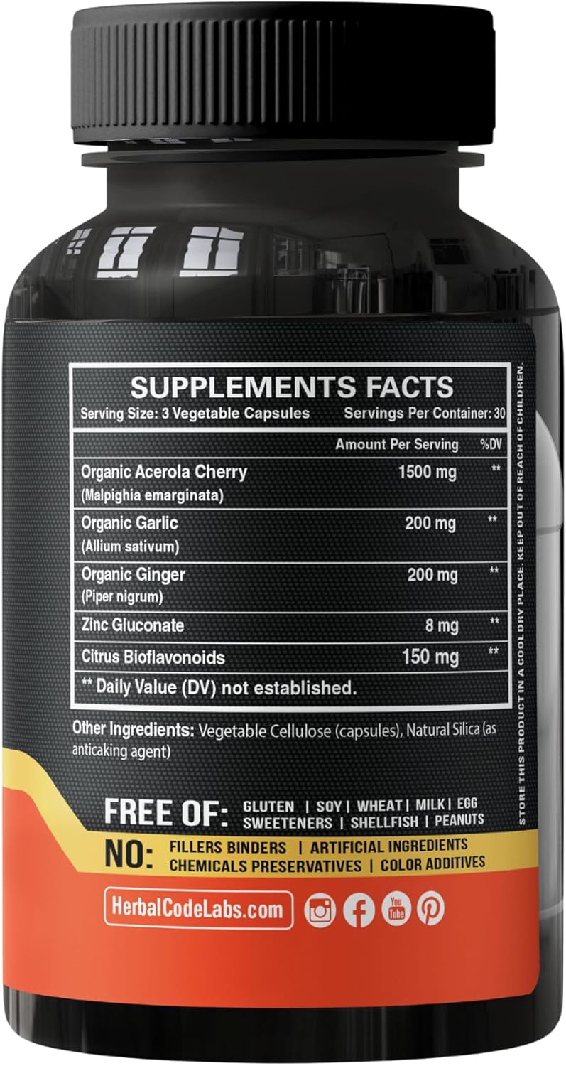 Organic Acerola Cherry Vitamin C Supplement with Garlic, Ginger, and Citrus Bioflavonoids - Immune System Support and Collagen Boost - Anti Aging Skin Vitamins for High Absorption