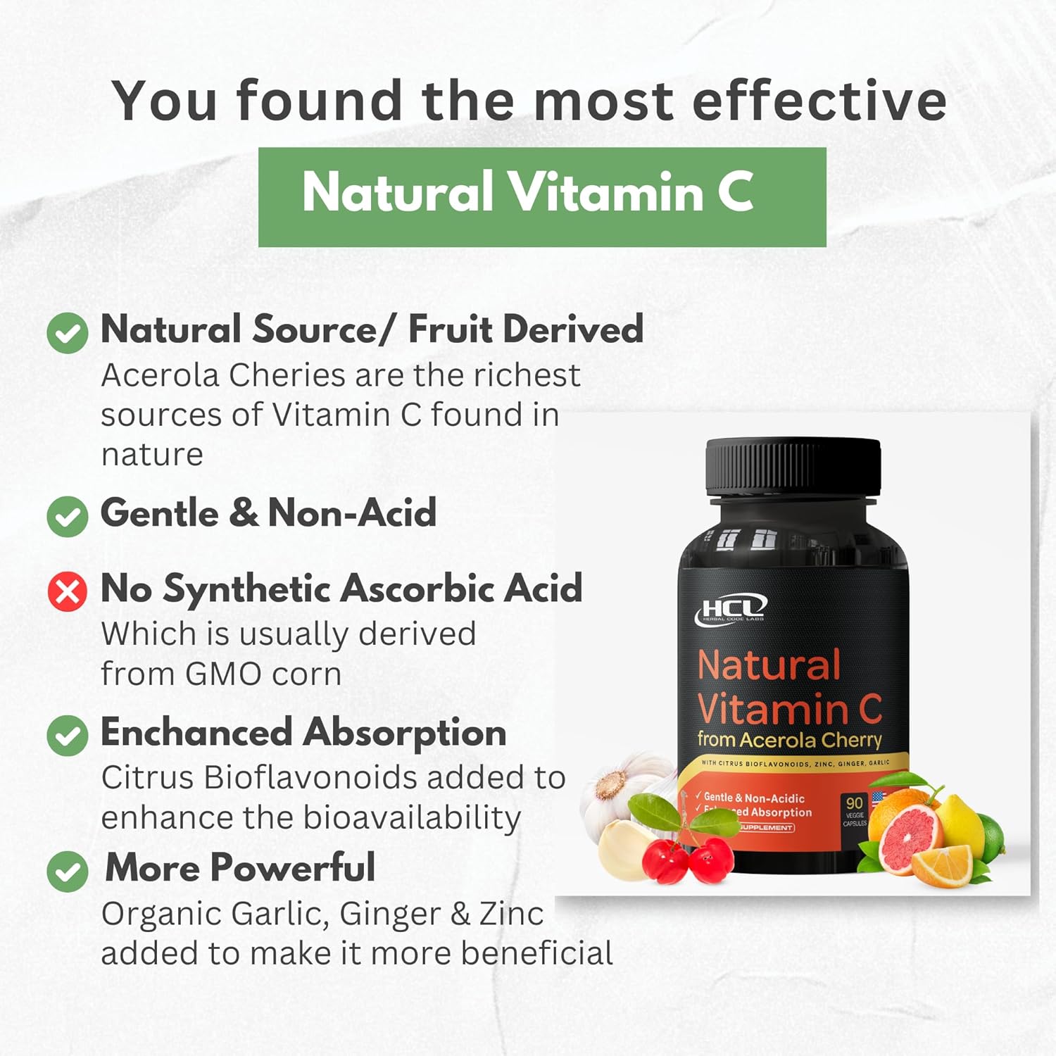 Organic Acerola Cherry Vitamin C Supplement with Garlic, Ginger, and Citrus Bioflavonoids - Immune System Support and Collagen Boost - Anti Aging Skin Vitamins for High Absorption