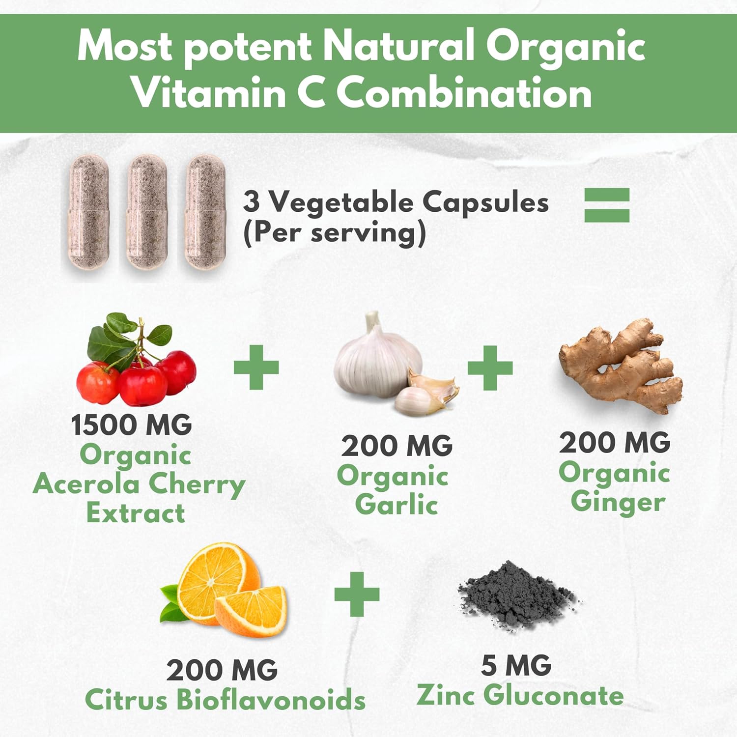 Organic Acerola Cherry Vitamin C Supplement with Garlic, Ginger, and Citrus Bioflavonoids - Immune System Support and Collagen Boost - Anti Aging Skin Vitamins for High Absorption