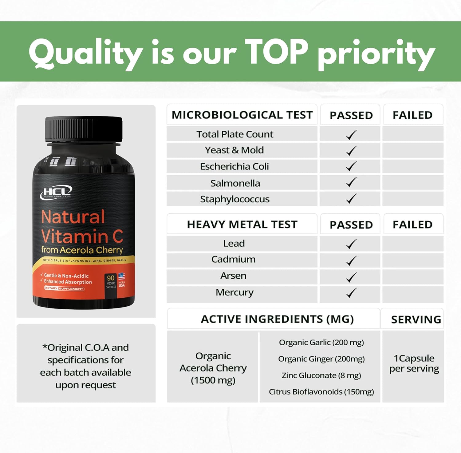 Organic Acerola Cherry Vitamin C Supplement with Garlic, Ginger, and Citrus Bioflavonoids - Immune System Support and Collagen Boost - Anti Aging Skin Vitamins for High Absorption