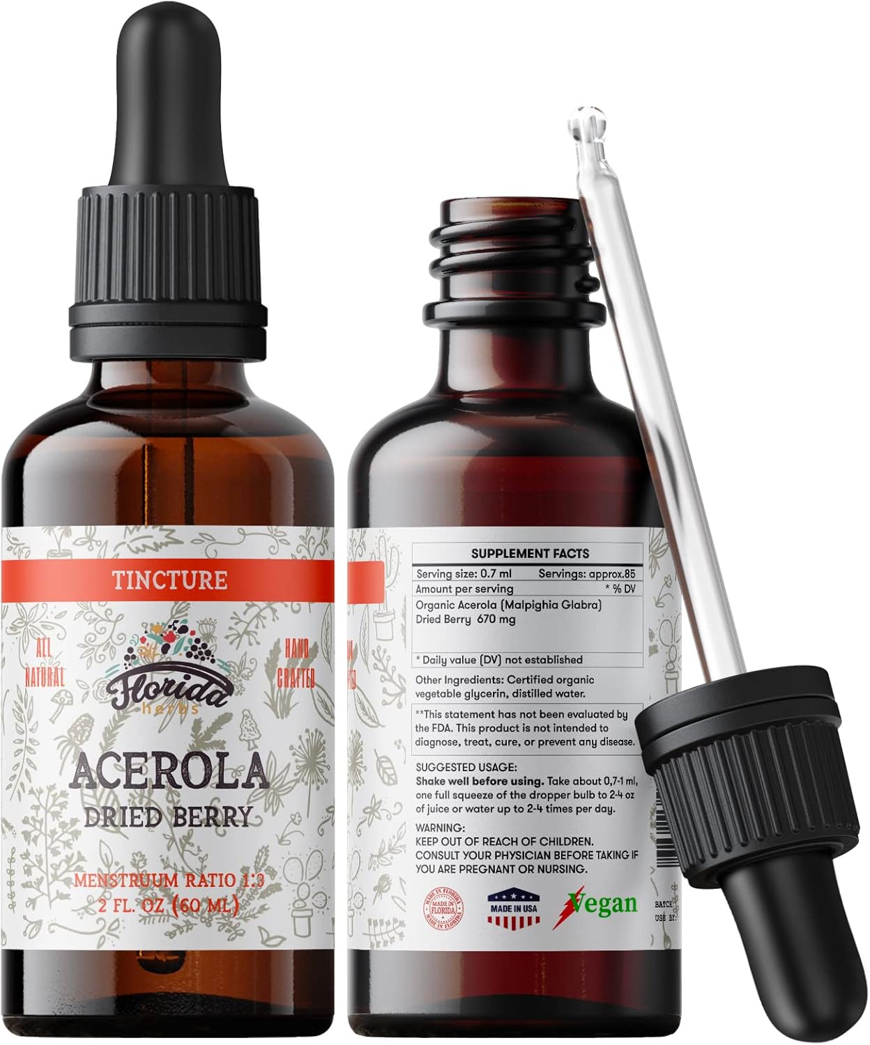 Organic Acerola Tincture with Vitamin C for Heart and Arteries - Non-GMO Florida Herbs Supplement