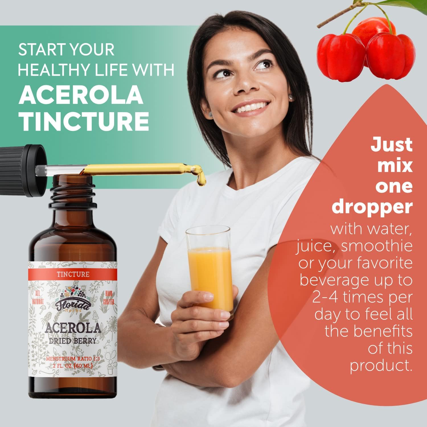 Organic Acerola Tincture with Vitamin C for Heart and Arteries - Non-GMO Florida Herbs Supplement