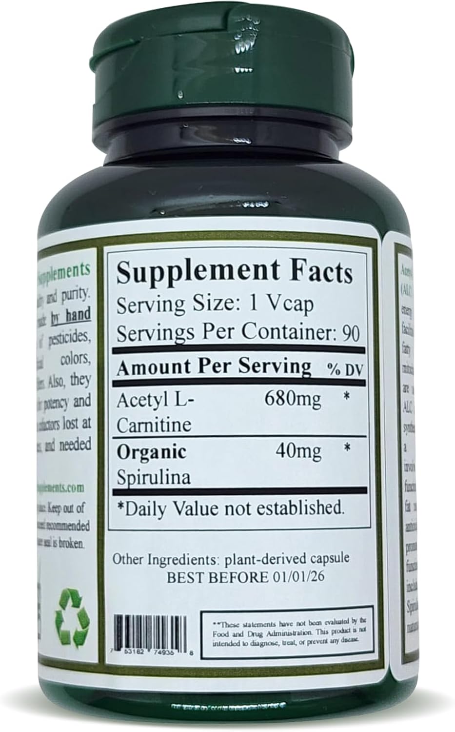 Organic Acetyl L-Carnitine Supplement - 90 VCaps, High Absorption, Non-GMO, Gluten-Free