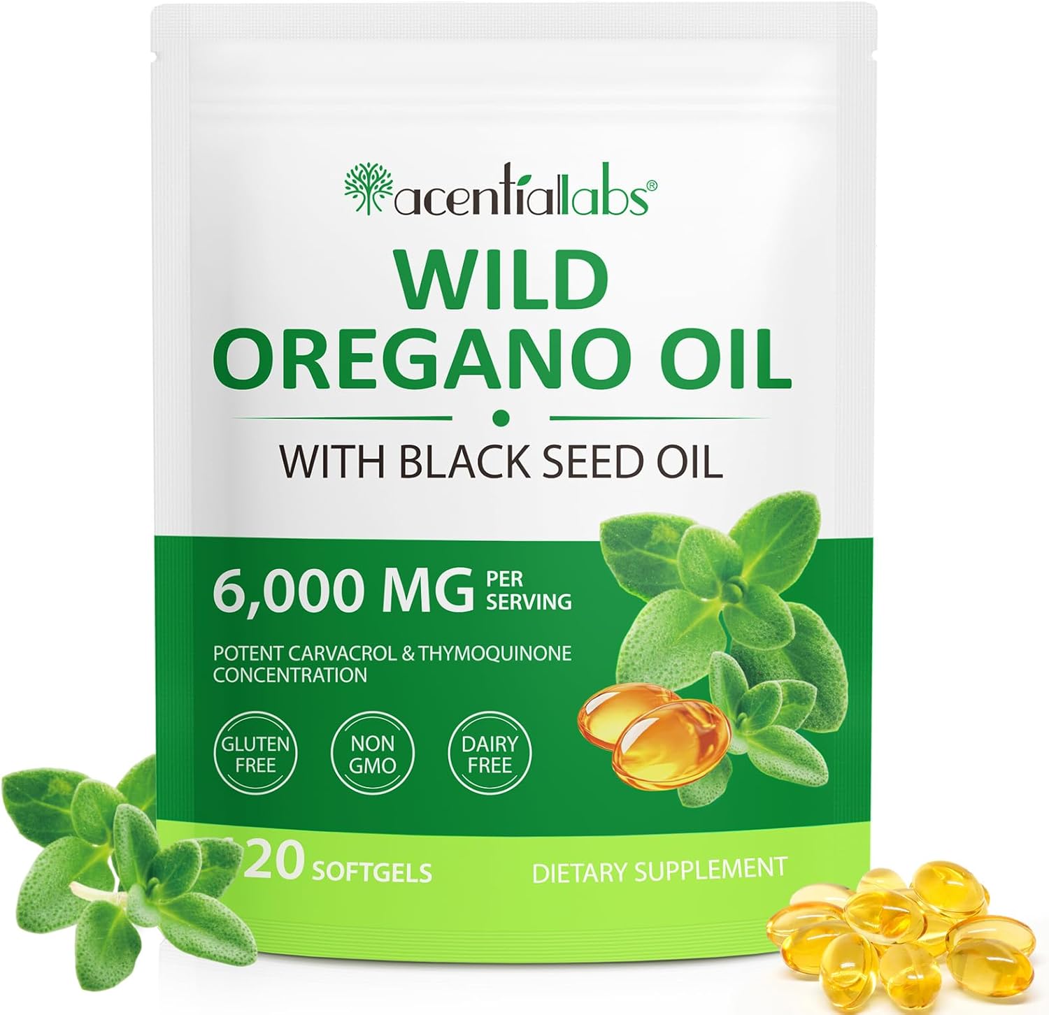Organic Acorn + Oak Oil of Oregano Softgels with Black Seed Oil - 2 in 1 Immune Support Supplement, 120 Count, Easy to Swallow