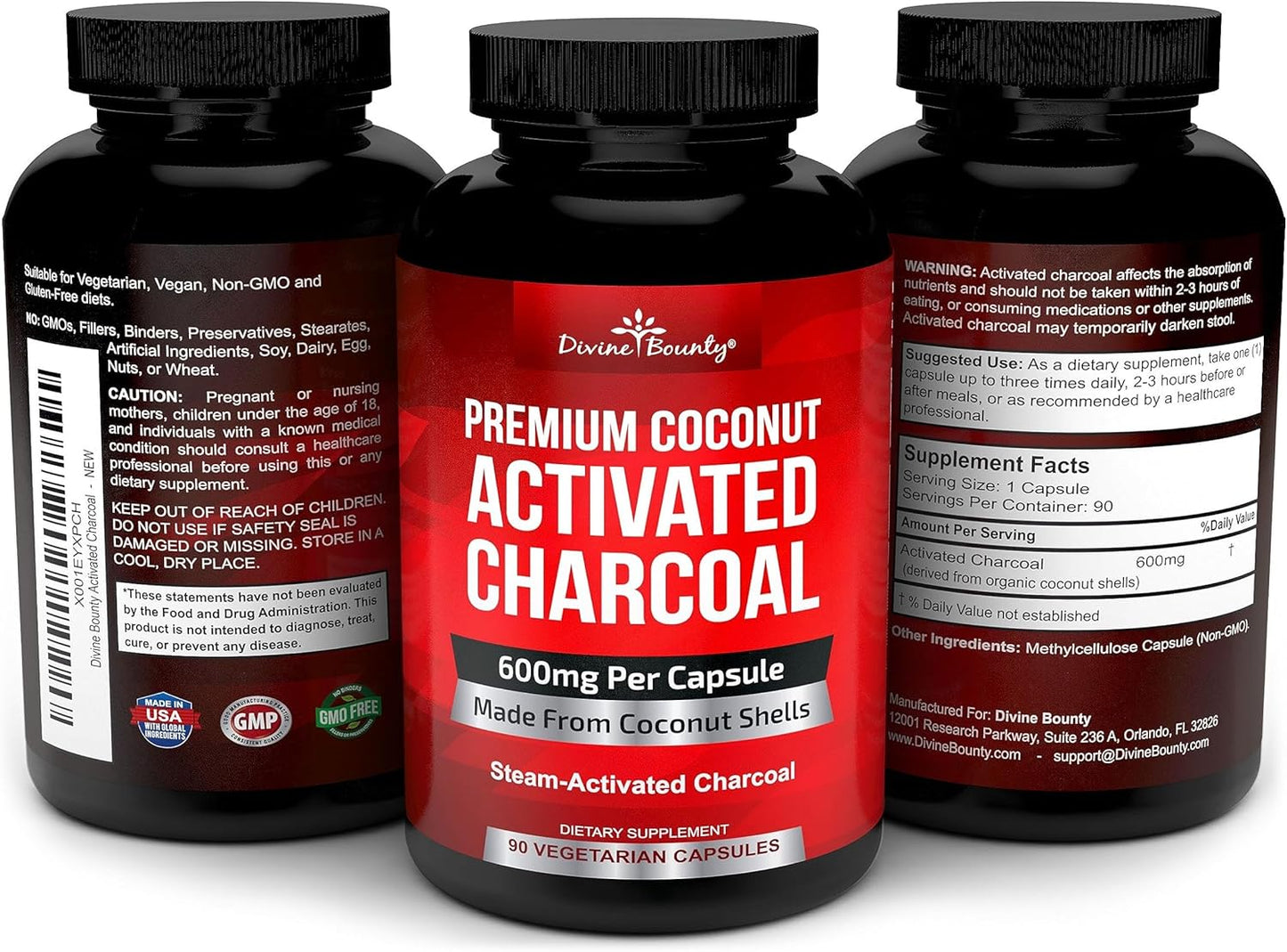 Organic Activated Charcoal Capsules - 600mg Coconut Charcoal Pills - 90 Veggie Caps - Divine Bounty