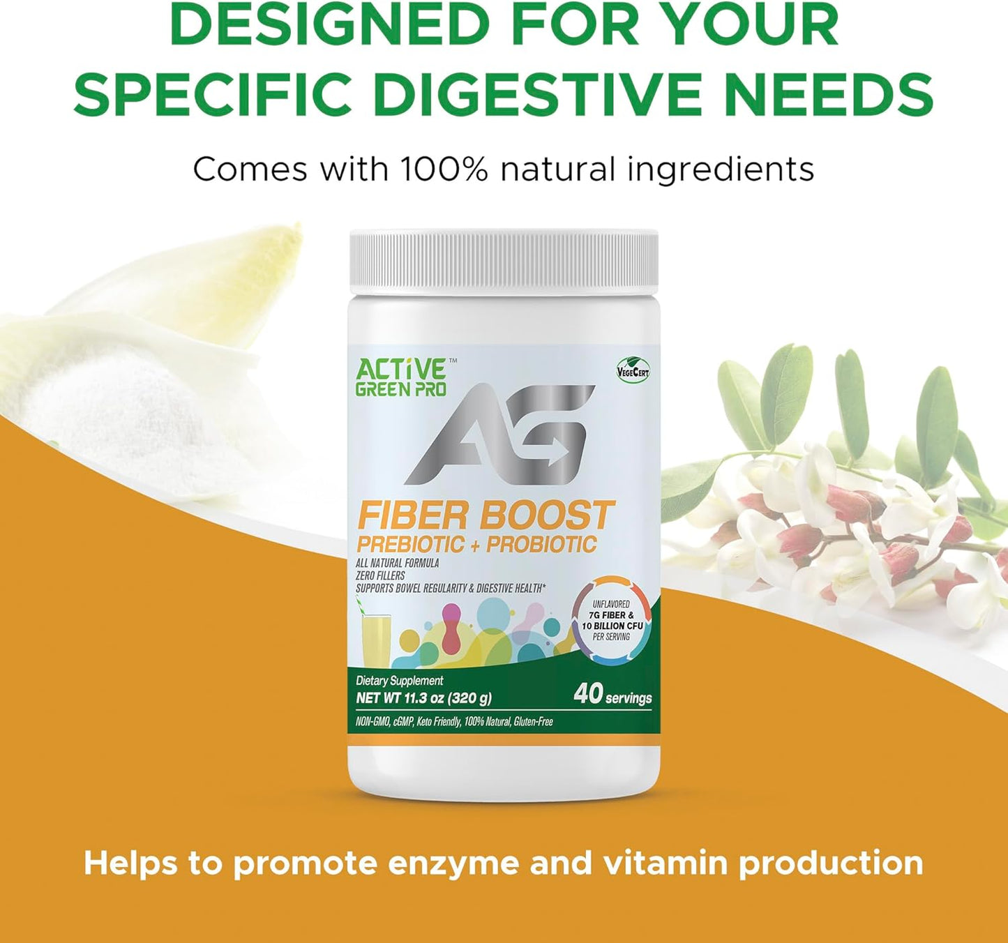 Organic Active Green Pro Fibre Boost Prebiotic & Probiotic Powder for Digestive Health - Enzyme and Vitamin Support - Gluten & Sugar Free - 320g/40 Servings