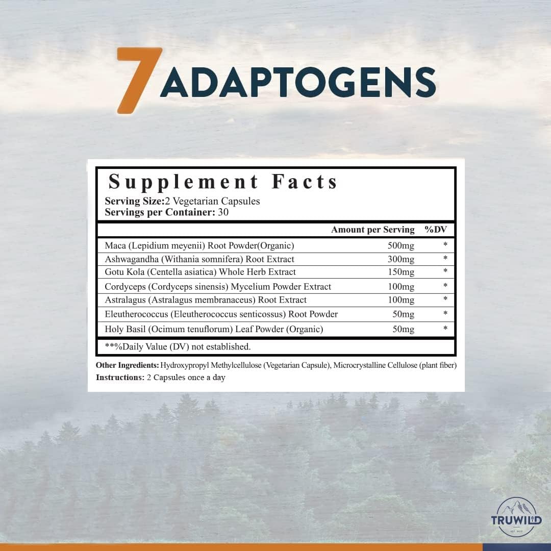 Organic Adaptogens Capsules with Ashwagandha, Maca, and Mushrooms - Vegan Supplement for Natural Energy - 40 Servings