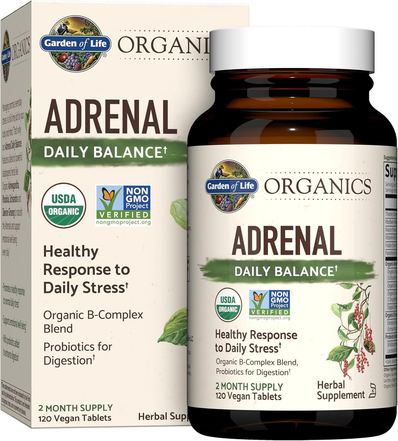 Organic Adrenal Daily Balance Supplement with Adaptogenic Herbs, B Complex, Probiotics - 120 Tablets, Non-GMO & Vegan