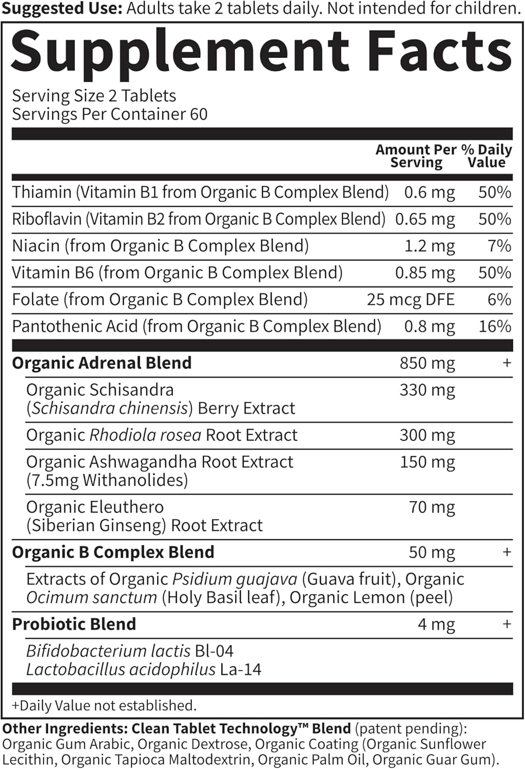 Organic Adrenal Daily Balance Supplement with Adaptogenic Herbs, B Complex, Probiotics - 120 Tablets, Non-GMO & Vegan