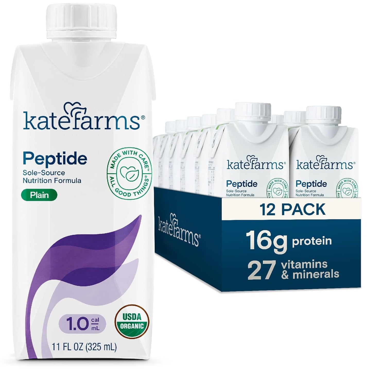 Organic Adult Peptide 1.0 Formula by KATE FARMS - Plain, Hydrolyzed Plant-Based Nutrition (12 Pack, 11 Fl oz)