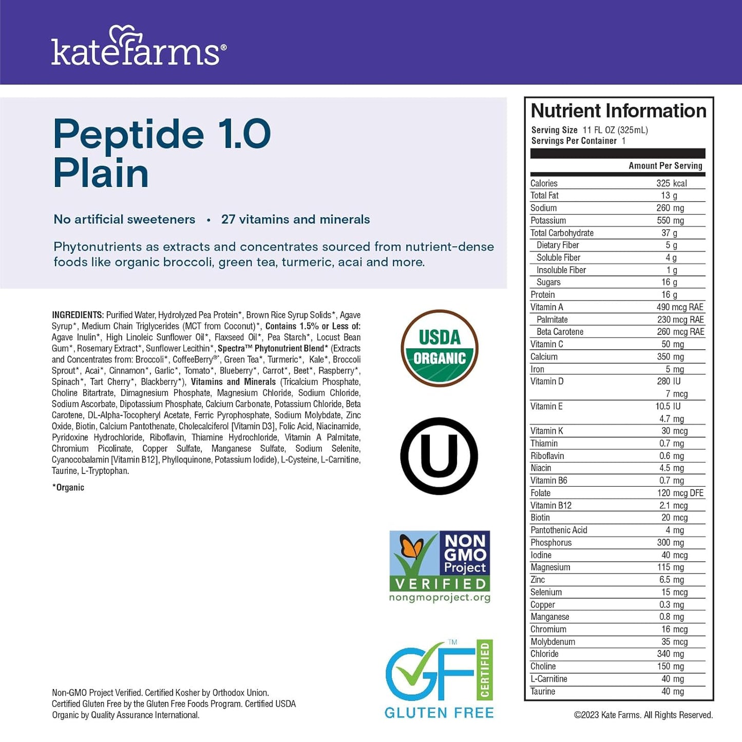 Organic Adult Peptide 1.0 Formula by KATE FARMS - Plain, Hydrolyzed Plant-Based Nutrition (12 Pack, 11 Fl oz)