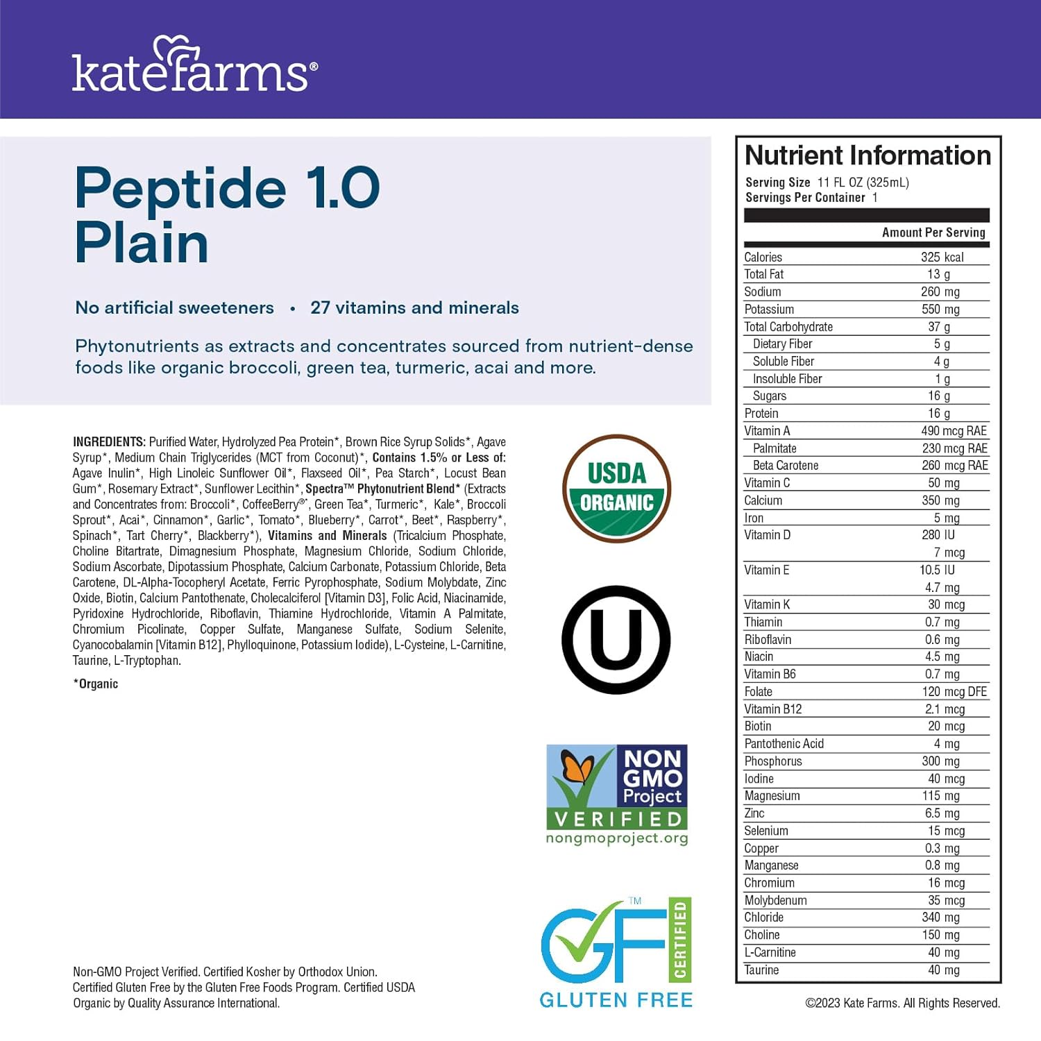 Organic Adult Peptide 1.0 Formula by KATE FARMS - Plain, Hydrolyzed Plant-Based Nutrition (12 Pack, 11 Fl oz)