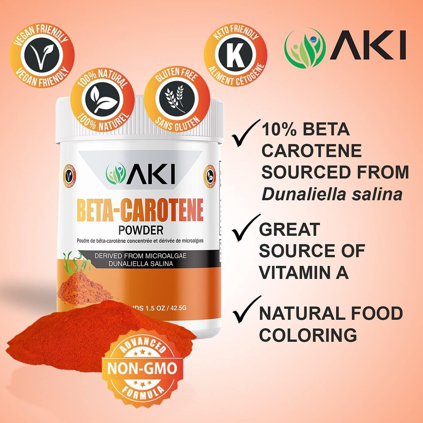 Organic AKI Beta Carotene Powder - Highly Concentrated Source of Vitamin A for Skin, Immune System, and Eyes - 1.5oz/42.52g - GMO-Free & Vegan