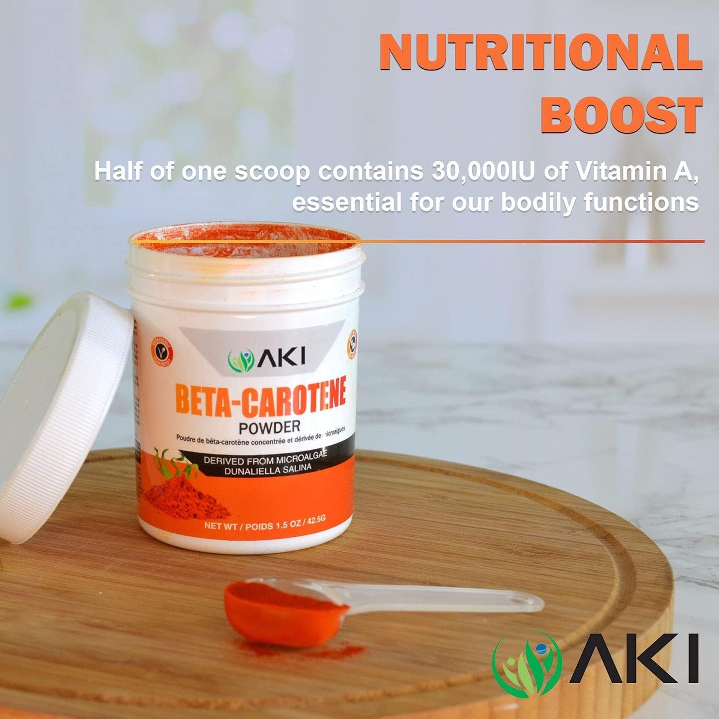 Organic AKI Beta Carotene Powder - Highly Concentrated Source of Vitamin A for Skin, Immune System, and Eyes - 1.5oz/42.52g - GMO-Free & Vegan