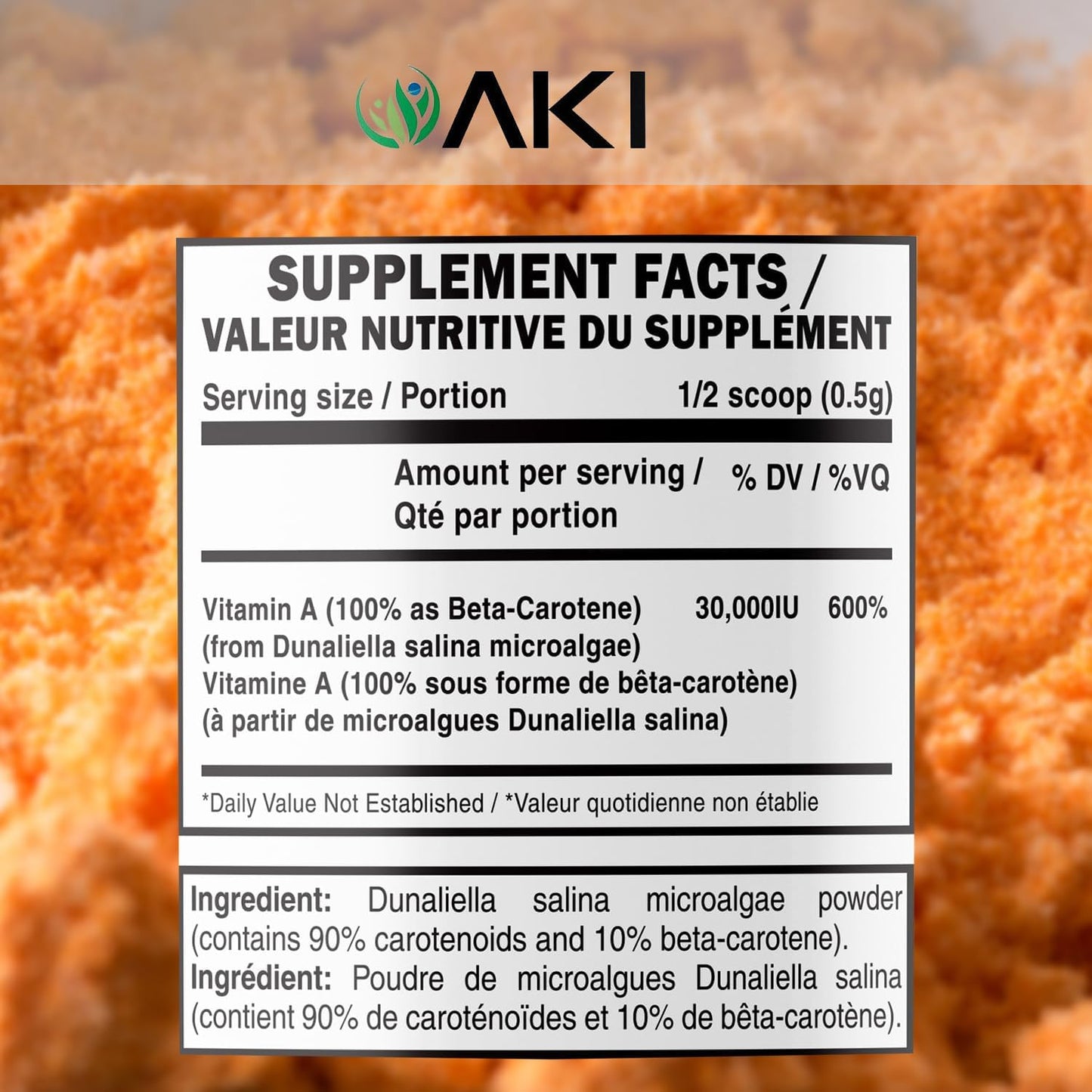 Organic AKI Beta Carotene Powder - Highly Concentrated Source of Vitamin A for Skin, Immune System, and Eyes - 1.5oz/42.52g - GMO-Free & Vegan