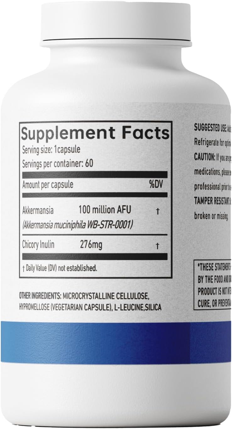 Organic Akkermansia Muciniphila Probiotic Capsules, 100M AFU Live Strain, Boosts GLP-1, Immune Support, Gut Health, Vegan - 60 Count
