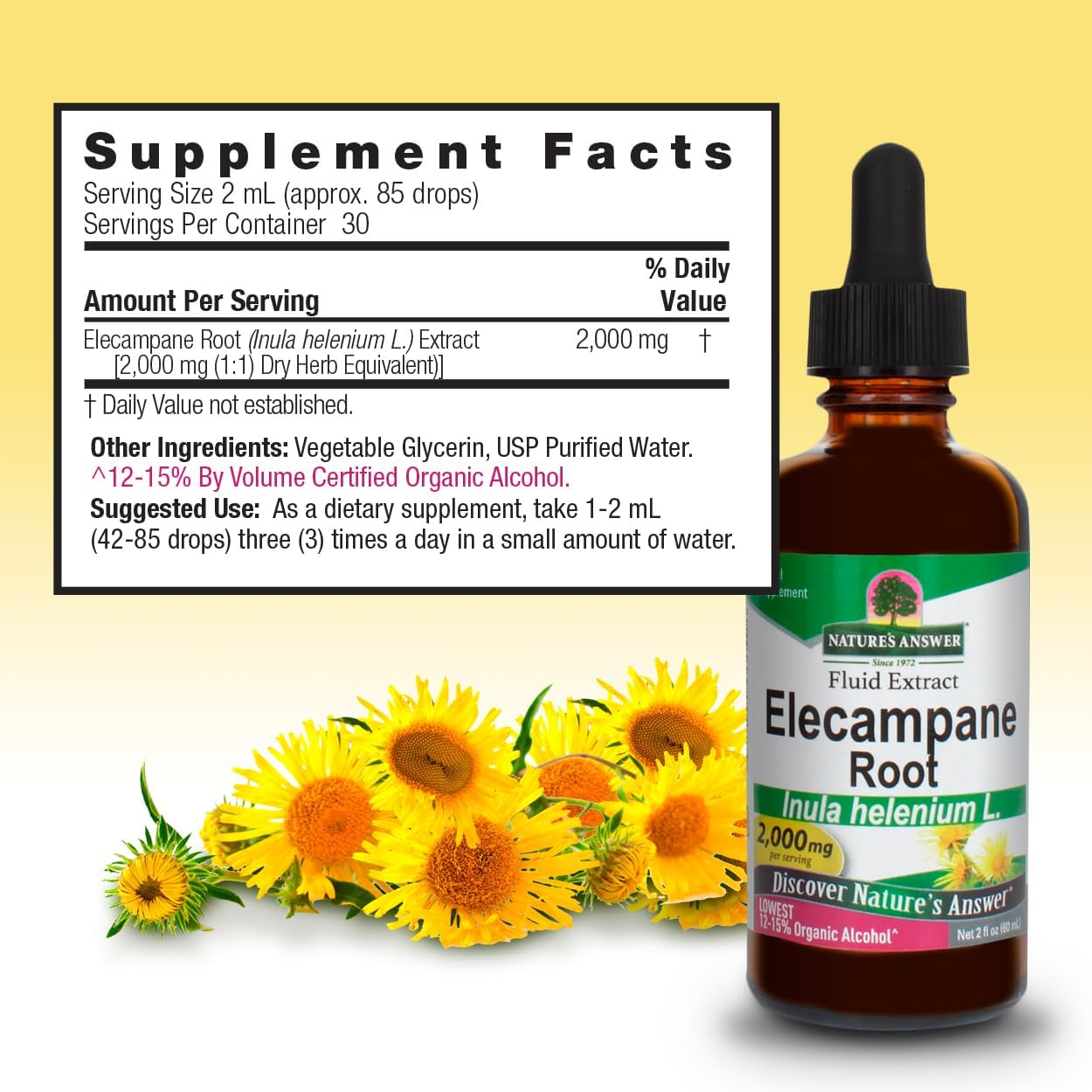 Organic Alcohol-Free Elecampane Root Herbal Supplement 2000mg - Non GMO & Kosher - Vegan - 2oz
